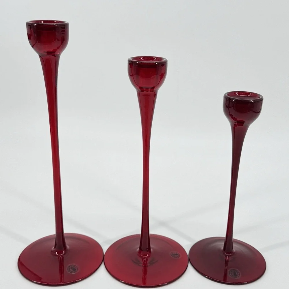 Vintage Ikea Blomster Candlestick Holders Ruby Red Glass 3 Taper Candle 90's
